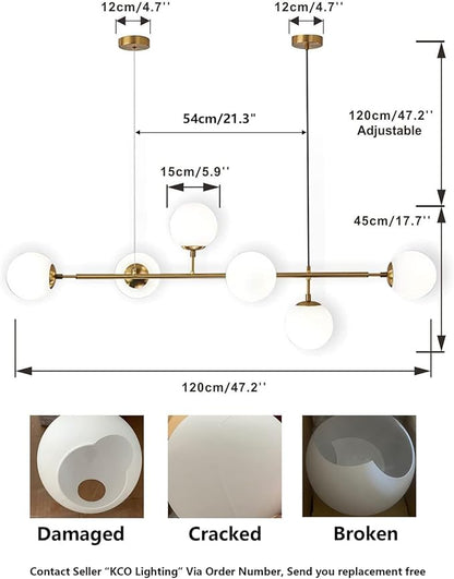 KCO Lighting Modern Globe Linear Chandelier 6 Light Milk Glass Chandeliers White and Gold Pendant Light Fixture Mid Century Rectangle Chandelier Brass Sputnik Island Lights for Kitchen