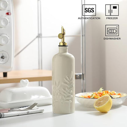 Sweejar 18 Oz Oil Dispenser for Kitchen with Gravity Spout, Ceramic Olive Oil Dispenser Bottle, Relief Opaque Vinegar Container for Evoo, Vinegar, Soy Sauce, Pack of 1(Beige, Gold Spout)
