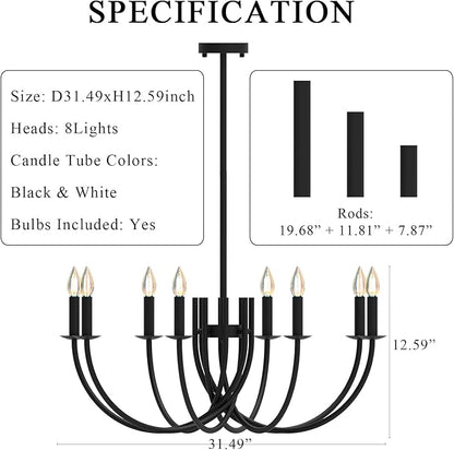 Large Black Chandeliers Light Fixture, Modern Candle Pendant Lighting, Round LED Hanging Lamp Ceiling for Bedroom Living Room Dining Room Kitchen Island Farmhouse (Black-C 8Lights)
