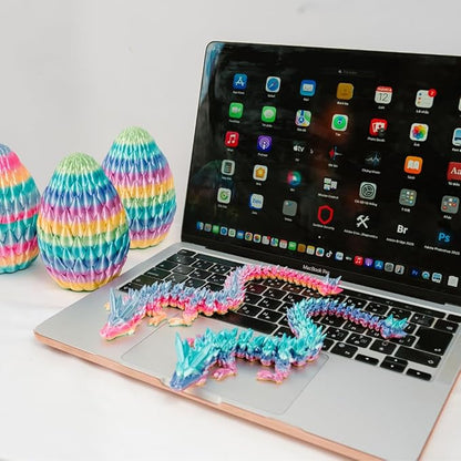 3D Printed 12” Articulated Crystal Dragon Inside 5.1” Egg – Fantasy Collectible, Fidget Toy & Stocking Easter Basket Stuffers for Home & Office Decor (Rainbow)