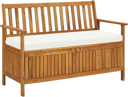 vidaXL Solid Acacia Wood Outdoor Storage Bench with Backrest, Armrests, and Cushion - 47.2"x24.8"x33.1" Rustic Patio Furniture with Large Storage Compartment