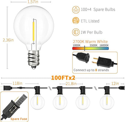 Svater Outdoor String Lights 200 FT, Patio Lights with 104 Shatterproof LED Bulbs, Commercial Grade Waterproof Plastic Hanging Light for Bistro Backyard Cafe Market, Warm White 2700K (2 X 100 FT)