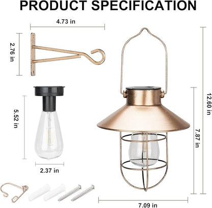 pearlstar Solar Lanterns Outdoor Metal Solar Powered Hanging Lights Waterproof for Barn Wall Yard Garden Patio Garage Balcony Porch Fence Decor, Warm White Edison Bulb (Copper-2pack)