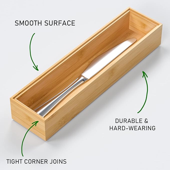 Silverware Tray for Drawer, Stackable Kitchen Bamboo Drawer Organizer 12" x 3" x 2" Set of 2