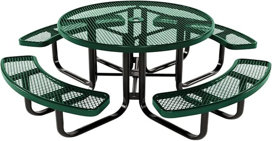 Coated Outdoor Furniture Heavy-Duty Portable Outdoor Kids Table with Umbrella Hole, Expanded Metal Kids Picnic Table, Commercial-Grade, Made in America (46 In, Round, Childrens, Textured Green)