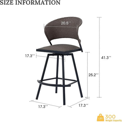 VICLLAX Patio Bar Stool Chairs with Footrests and Padded Seat, Bar Height Swivel Patio Chairs Set of 6, Brown Woven Wicker Swivel Bar Stools for Lawn Garden