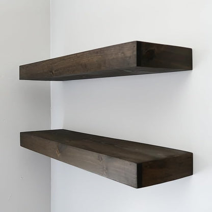 Modern Floating Shelves 3 Inches Thick for Wall, Wide Shelves for Kitchen, Living Room, Bedroom, and Bathroom, Natural Pine Wood, Rustic Wooden Shelf, (Set of 2) (Jacobean, 24Lx3Hx8D)