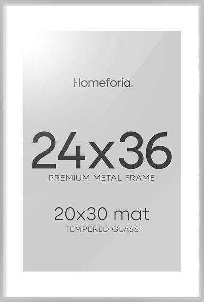 Homeforia Poster Silver Frame 24x36, High End Metal 24 x 36 Large Picture Frame with Mat 20 x 30 Photo, 24x36 Silver Frames Matted to 20x30 Print, 36x24 Thin Frames, Tempered Glass, Wall Kit, Set of 1