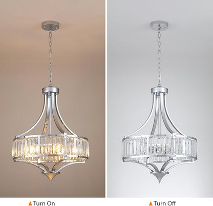 Modern Chrome Crystal Chandelier, 20 Inch Large Ceiling Pendant Light Fixture with 50'' Adjustable Hanging Chain, 5-Light Farmhouse Chandelier for Dining Room, Living Room, Bedroom, Entryway