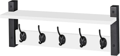 Sorbus Coat Hooks Wall Mount with Shelf – 24 Inch Coat Rack Wall Mount with 5 Heavy Duty Hooks – Floating Wall Shelf with Hooks for Entryway, Bathroom, Bedroom, Kitchen, or Mudroom (White)