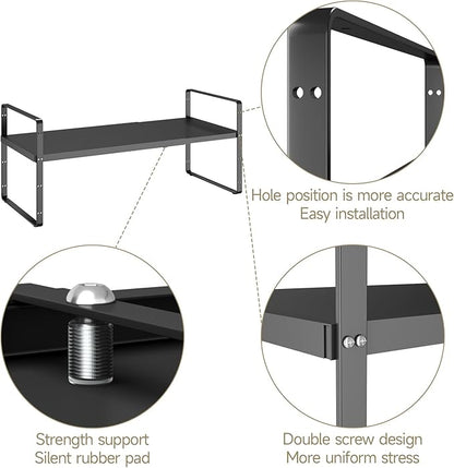 16.5~27.1" Expandable Shelf Organizer, 2Pack 8.1" Wide Stackable Cabinet Shelf Organizers, Black Metal Sturdy Kitchen Counter Storage for Countertop, Adjustable Height Spice Rack