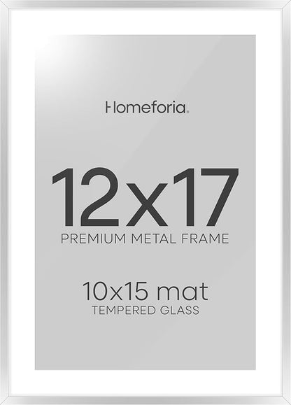 Homeforia 12x17 Picture Frame Silver, High End Metal 12x17 Frames with Mat 10x15 for Photo, 12 x 17 Silver Poster Frame Matted to 10 x 15 Print, 17x12 Hanging Frame, Tempered Glass, Wall Kit, Set of 1