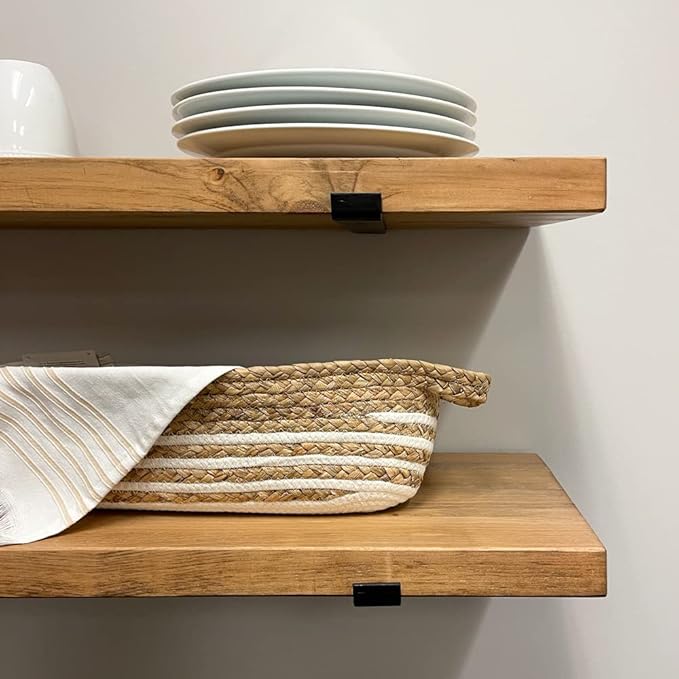 Rustic Shelves with J-Brackets Set of 2, Industrial Shelf, Kitchen Shelves, Solid Wood, Decorative Wall Storage, Heavy Duty, URBANDI (Brown, 36Wx10D)