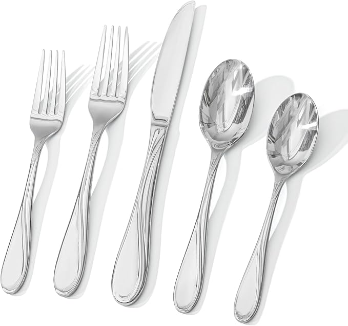 HIKAA Wave Design Silverware Set Service for 1, 5-Piece Artistic Stainless Steel Flatware Set with Fibonacci Pattern, Heavy Duty Mirror Polished Cutlery Set