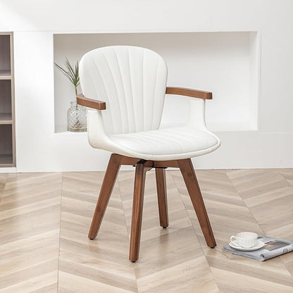 LUNLING Swivel Dining Chairs, Mid Century Modern White Faux Leather Kitchen Chairs with Arms,Bamboo Legs Side Chairs No Wheels,Accent Chair for Dining Rooms and Offices,1PCS