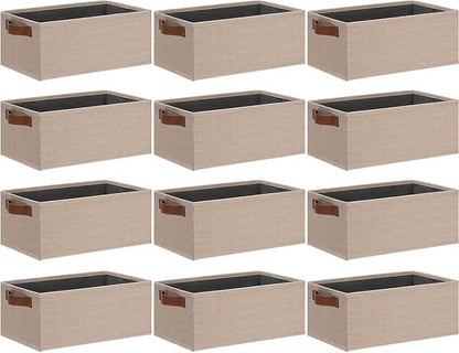 GhvyenntteS Small Fabric Storage Bins 12 Pack, 11.8" x 7.87" x 5.11" Storage Basket with Leather Handles, Closet Storage Bins for Shelves, Storage Baskets for Shelves, DVD Storage (Beige Yellow)