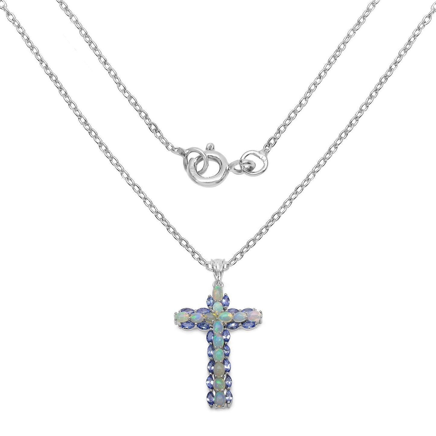 3.32 Carat Genuine Ethiopian Opal and Tanzanite .925 Sterling Silver Pendant