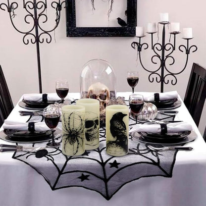 Wondise Halloween Flickering Flameless Candles with 6hrs Timer, Battery Operated LED Real Wax Candles Set of 3 Skull, Spider Web, Crow Raven Decals Halloween Home Decoration Gifts(3 x 3 x 6 Inch)