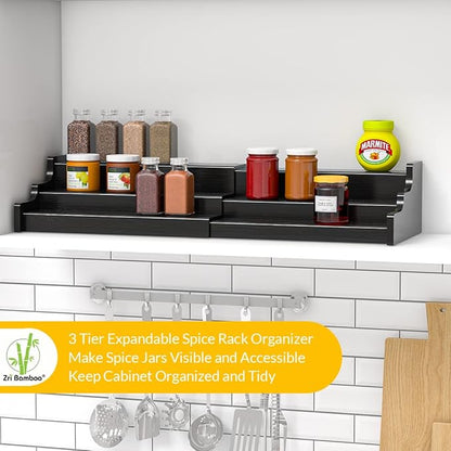 Spice Rack Organizer For Cabinet - 3 Tier Black Bamboo Wooden Expandable Display Shelf from 12.70 to 22.20 inch