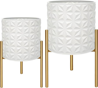 ARNIS Modern Planter Pots, Set of 2 Large Planters with Stand, Decorative Planters, Metal Pots with Drainage Holes for Living Room, Office, Garden or Balcony, 10.5 &12.25 Inch, Matte White