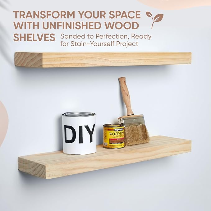 Homeforia 24 inch Natural Floating Shelf, High End Solid Real Wood 24inch Small Floating Shelves for Wall Mounted, Natural Wooden Floating Shelves, Heavy Duty Bracket, 24 X 6.5 X 1.75 in, Set of 2