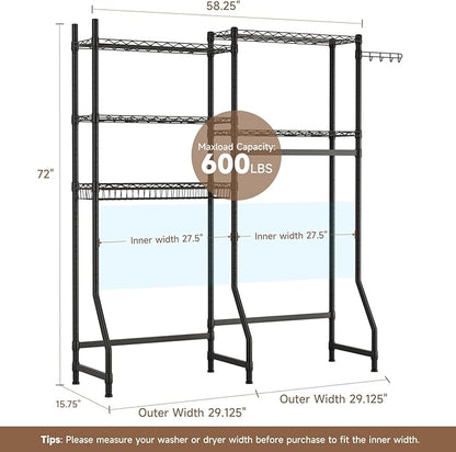 Over Washer and Dryer Shelves,Heavy Duty Laundry Room Storage Organization Clothes Drying Rack,5 Tier Adjustable Height Wire Shelving and Wire Basket with Hanger Rod&Hook,Space Saving Shelf