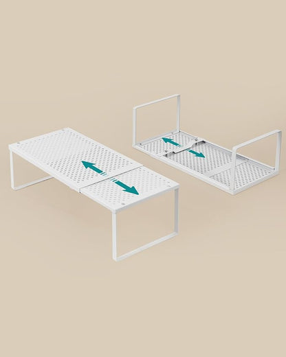 SONGMICS Spice Racks, Set of 2 Expandable Kitchen Countertop Shelves, Small Cupboard Organizers, Metal, Space-Saving Tabletop Shelves, Matte White UKCS402W01