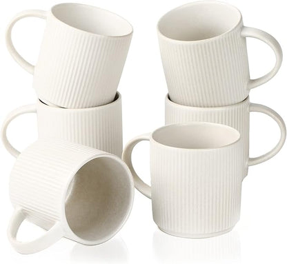 famiware Coffee Mug Set for 6, Star 12 oz Catering Mugs Cup Set with Handle for Coffee, Tea, Cocoa, Milk - Ceramic Stoneware Drinkware Set, Matte White