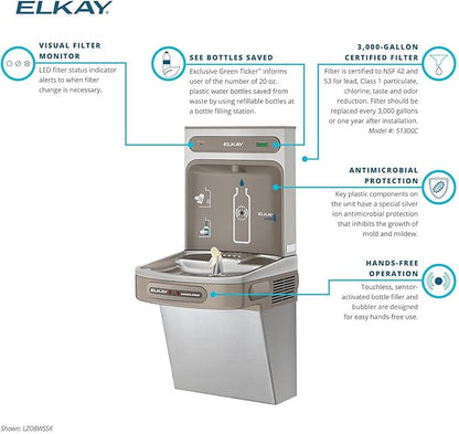 Elkay LZO8WS EZH2O Refrigerated Single Drinking Fountain with Bottle Filling Station and Hands Free Activation - Stainless Steel