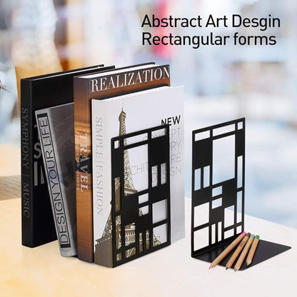 Book Ends, Bookends, Book Ends for Shelves, Bookends for Heavy Books, Book Divider Decorative Holder, Metal Heavy Duty Bookend Black 3 Pair, Abstract Art Desgin Book Stopper Supports for Office, Home