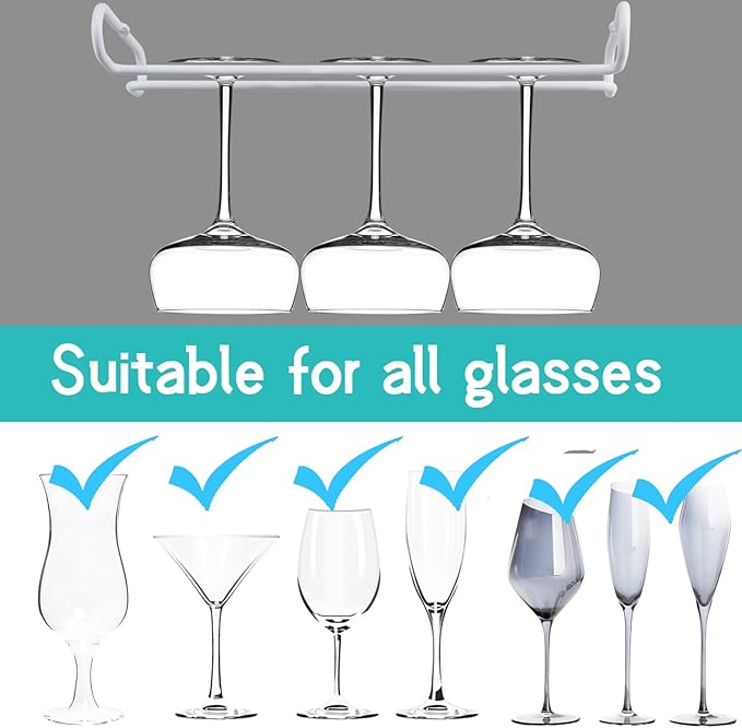 White 4 Wine Glass Rack Under Cabinet Shelf 10 Inch Stemware Storage Hanging Hanger Organizer Glasses Holder with Drying Under Counter Metal for Kitchen and Bar