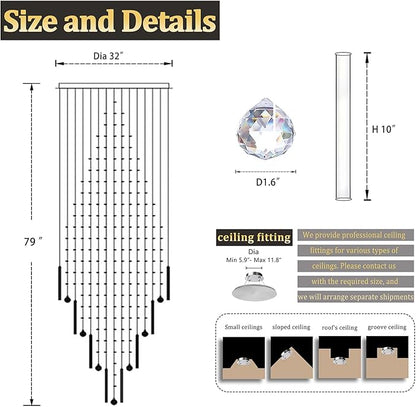 Flashing God D32 x H79'' Modern Crystal Chandelier for High Ceiling Large Foyer Chandeliers Large Raindrop Chandelier for Foyer Living Room Entryway Staircase Villa