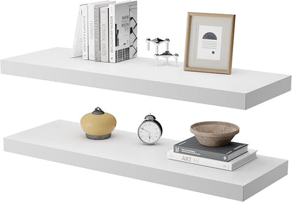 Large Floating Shelves for Wall Set of 2 Wooden Wall Shelves 36 in x 12.75 in x 2 in Room Decor Long Shelf with Invisible Wall Mount Bracket for Bedroom Kitchen Living Room White