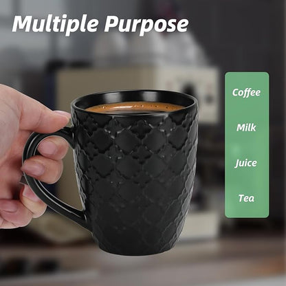 16 OZ Bone Coffee Mugs Set of 6 Matte Black, Large Ceramic Coffee Mugs Set with Different Texture Patterns, Porcelain Cups with Handle for Espresso Latte Tea Milk