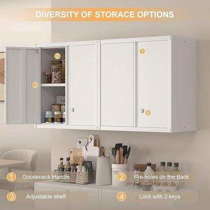 Wall Cabinet,Metal Storage Cabinet with 2 Doors,Locking Wall Cabinets for Office,Home,White