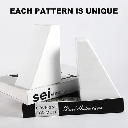 Marble Bookends for Heavy Books, Decorative Book Ends for Shelves, White Stone Durable and Heavy-Duty Book Ends for Hardback Books & CDS, Unique Book Stopper & Holder, Set of 2