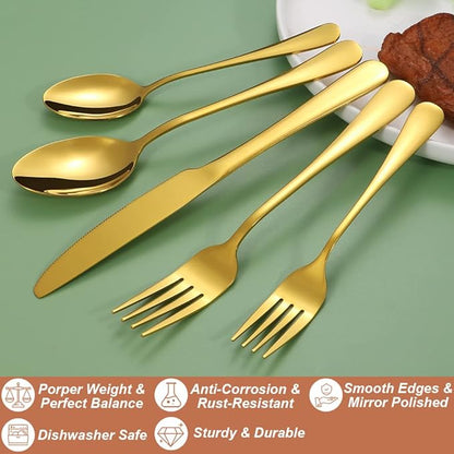 Lazycorner 50 Pcs Gold Silverware Set for 10, Food Grade Stainless Steel Flatware Set Include Fork/Knife/Spoon, Mirror Polished Eating Utensils Sets, Reusable Silverwear Cutlery Set, Dishwasher Safe
