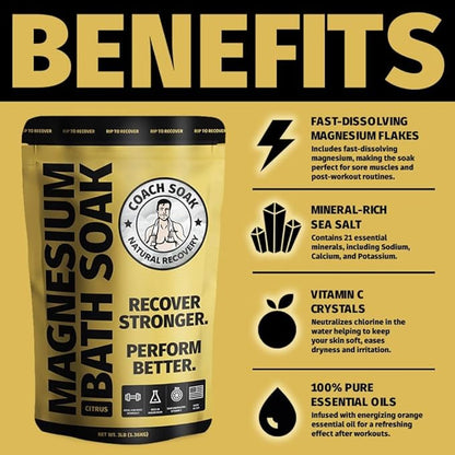Coach Soak Recovery Bath Soak - Faster Absorption Than Epsom Salt for Pain - Rejuvenating Magnesium Flakes with 21 Minerals, Essential Oils & Bath Salts, 3lbs (Energizing Citrus)