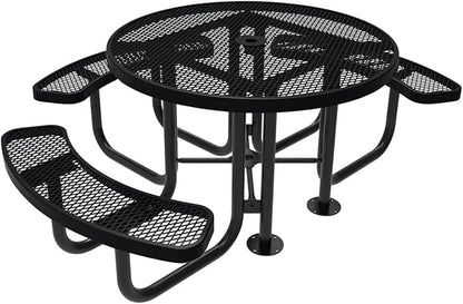Heavy-Duty Portable Outdoor Picnic Table with Umbrella Hole, Expanded Metal Patio Dining Furniture Made in America (46" Round Top, Black)