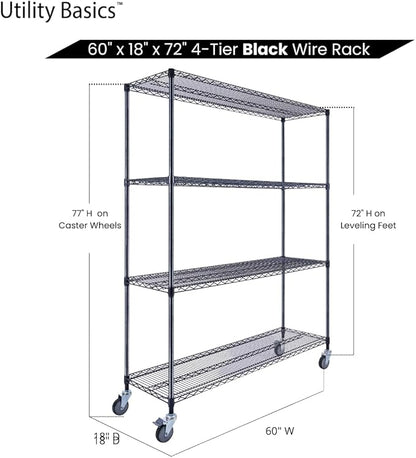 60"x18"x72" Black Premium Metal Steel Wire Shelving 4-Tier NSF 3200 LBS MAX Capacity Heavy Duty Storage Rack for Garages, Commercial Spaces, Hospitals, & Schools w/Premium Wheels
