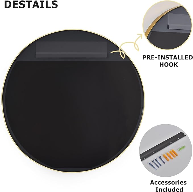 24 Inch Round Bathroom Mirror - Wall Mounted Circle Mirror with Metal Frame, Modern Mirror Suitable for Bathroom, Vanity, Entryway, Living Room, Wall Decor,Gold