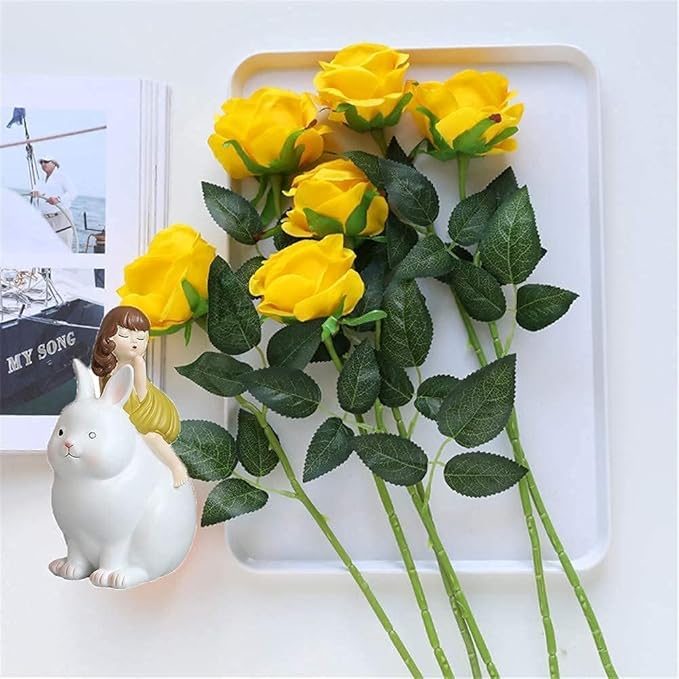 Yellow Fake Roses Artificial Flowers - 16 Pcs Fake Artificial Roses Silk Flowers with Stems for Home Wedding Hotel Office Centerpiece Decor