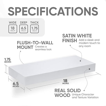 Homeforia White Floating Shelf 18 inch, High End Solid Real Wood 18inch Bathroom Floating Shelves for Wall Mounted, White Wooden 18in Floating Shelves, Heavy Duty Bracket, 18 X 6.5 X 1.75 in, Set of 3