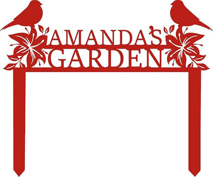 Personalized Metal Garden Name Sign with Flowers and Birds, Custom Yard Sign with Stake