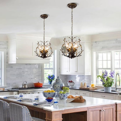 5-Light Vintage Crystal Branch Chandelier Farmhouse Hanging Pendant Light Fixtures for Living Room Dining Room Foyer Kitchen Island Hallway, Aged Bronze