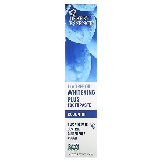 Desert Essence Tea Tree Oil Whitening Plus Toothpaste - 6.25 Oz - Antiseptic Tea Tree Oil - Zinc Citrate - Baking Soda - Freshens Breath - Reduced Plaque - Fluoride Free