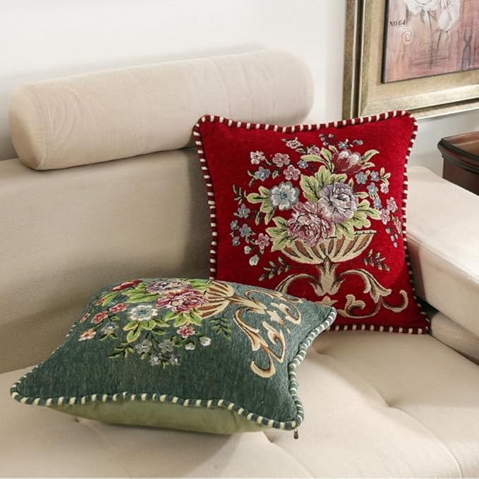 Set of 2 Brown Vintage Embroidered Throw Pillow Covers 18x18in，Floral Embroidered Cushion Cover for Sofa Couch Bed Burgandies Pillow Cover Brown
