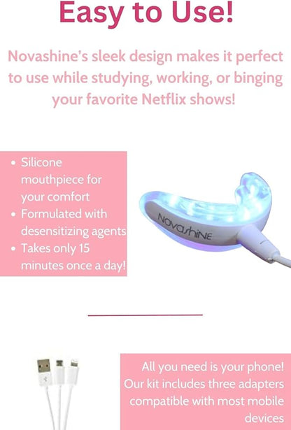 Novashine Professional Teeth Whitening Kit: Advanced Blue LED Light, Concentrated Peroxide Gel, Smartphone Adapter, Travel Bag