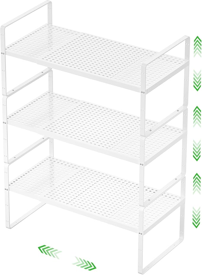 Expandable Cabinet Storage Shelf Stackable Organizer Rack for Kitchen Bathroom Pantry Spice Cupboard Coffee Countertop Home Office Desk Heavy Duty Nonslip White Large 3 Packs
