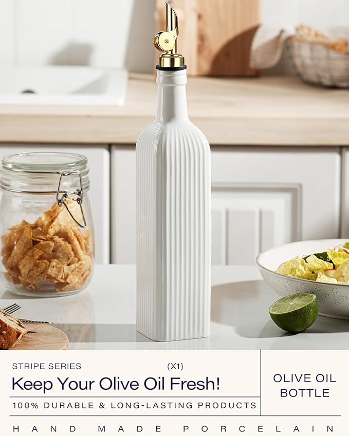 getstar 18 oz Olive Oil Dispenser Bottle for Kitchen, Ceramic Oil Bottle with Automatic Stainless Steel Pourer (Golden Pourer)